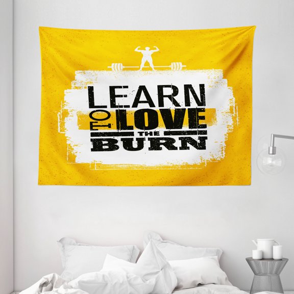 Fitness Tapestry, Learn To Love The Burn Text on Grungy Backdrop Fit Athlete with Barbell, Wall Hanging for Bedroom Living Room Dorm Decor, 80W X 60L Inches, Marigold White Black, by Ambesonne