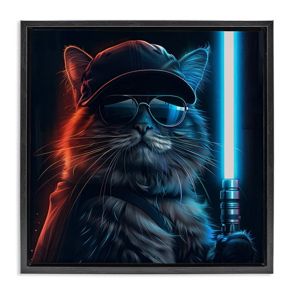 Stupell Industries Sci-Fi Cat with Glowing Saber Fantasy & Sci-Fi Painting Black Floater Framed Canvas Art Print Wall Art, 18 x 18