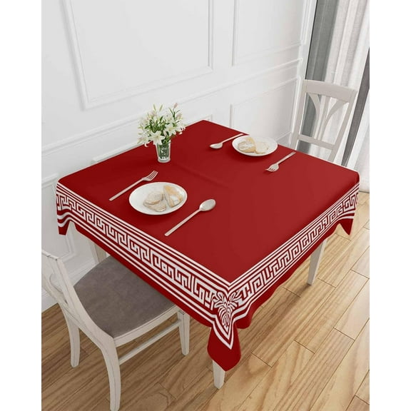 Red Geometric Table cloth Waterproof Tablecloths, White Greek Key Design Tablecloth Dining Table Cover Cloth for Kitchen Party Outdoor Tabletop Decor, Abstract Modern Art Square Tablecloth 52x52 Inch