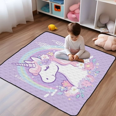 WOBOGO Cute Unicorn Purple Pattern Baby Playmats Extra Large Waterproof Rollable Activity Pads for Toddlers 50×50inch