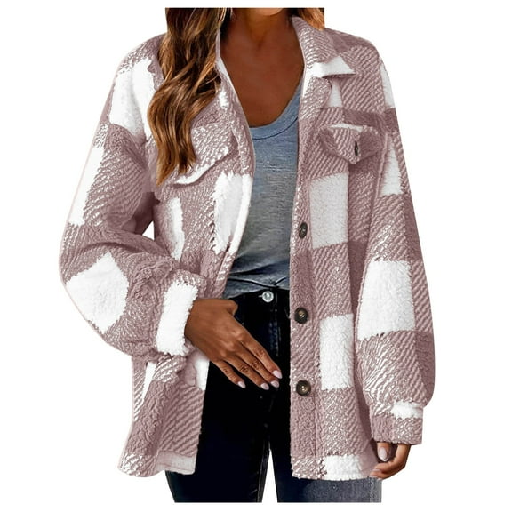 Weikingp Jackets for Women,Autumn and Winter Plaid Double Velvet Jacket with Pockets Button Plush Jacket Winter Coat Winter Jackets for Women Winter Coats for Women Clearance Purple 2Xl