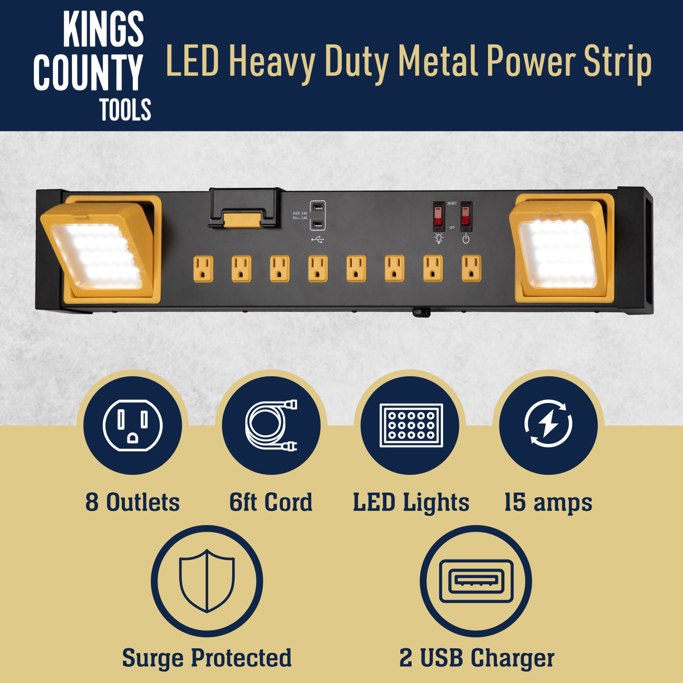 Kings County Tools UL Listed Metal Power Surge Protector with USB Ports, 8 Outlets, and LED Lights