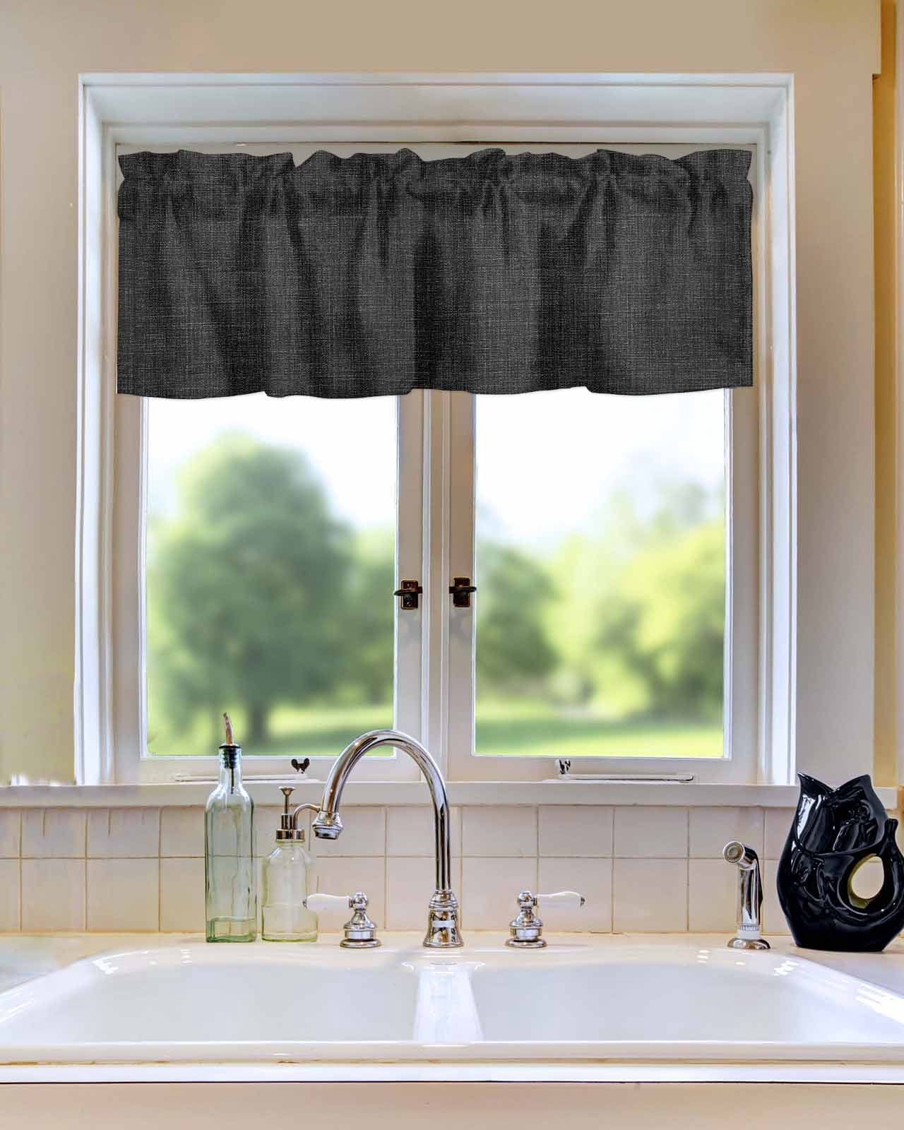 Kitchen Curtain Valances for Windows,Black Linen Vintage Bottom Rod Pocket Small Valance Solid Farm Burlap Short Window Treatment for Bedroom Bathroom Living Room,54"x18"