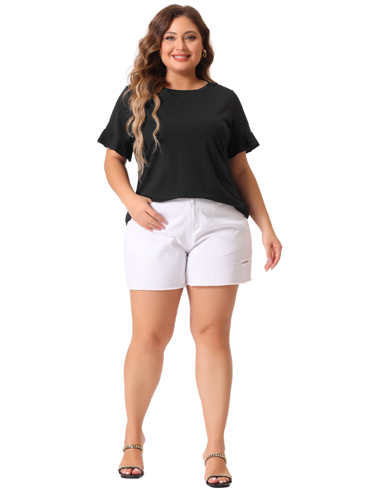 DARING DIVA Women's Plus Plain Crew Neck Ruffle Short Sleeves Blouse 2X Black