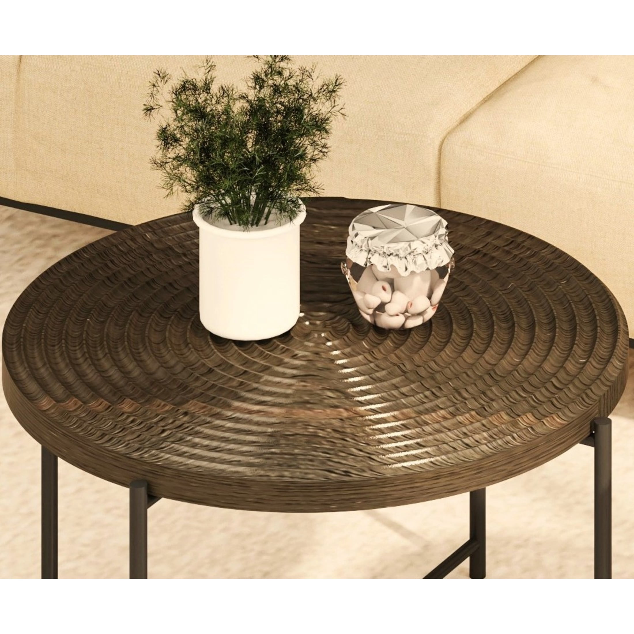 GDF Studio 2-Piece Coffee and End Table Set with Radial Ring Pattern Tabletops, Black Metal Legs, Walnut Brown