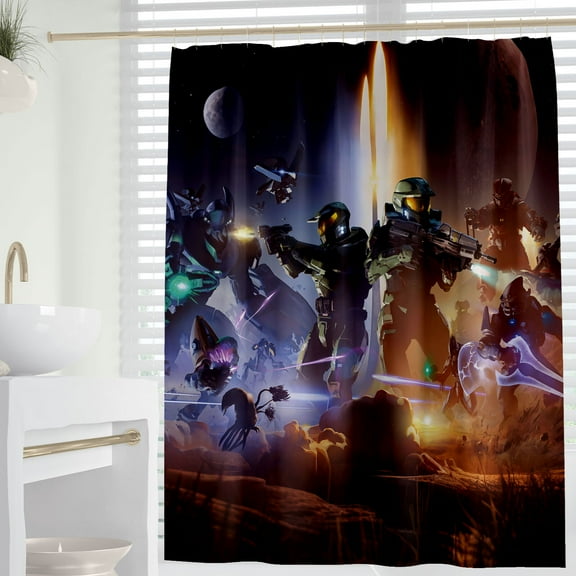 Cartoon For Halo Themed Shower Curtain for Bathroom Decor,Durable Waterproof Polyester Fabric,72x72 Inch with 12 Pack Hooks Washable Curtain Set