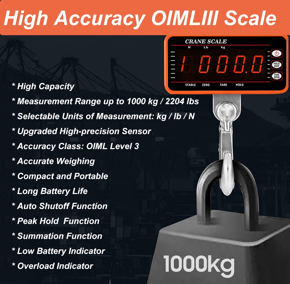 iMeshbean Portable Digital Crane Scale,High Precision 1000KG 2000LBS 1T Heavy Duty Industrial Digital Smart Hanging Scales Weighing Hook LED Display with Remote for Fishing Cattle Bow Caps Luggage