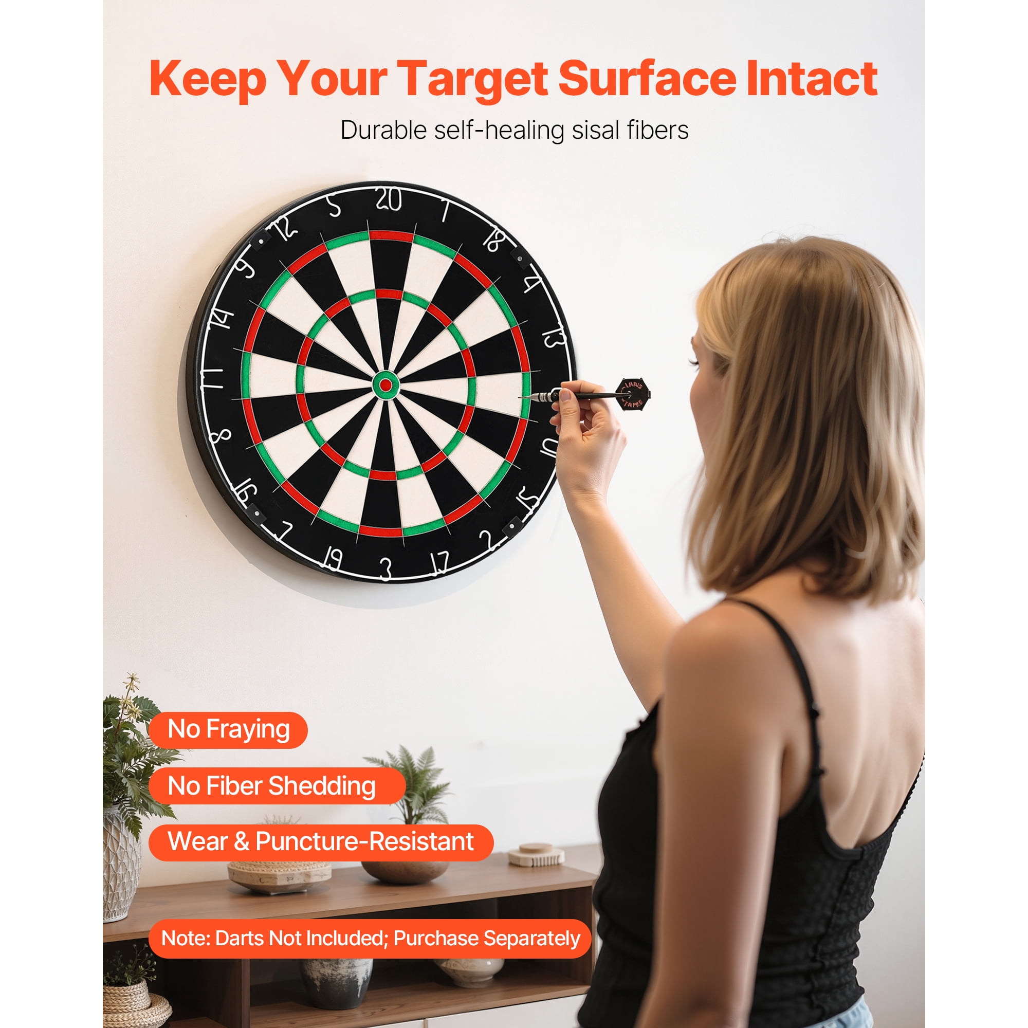KFFKFF High-Quality Self-Healing Sisal Fiber Dartboard with Staple-Free Bullseye, Blade Wire & Rotating Number Ring, 17.7" Dartboard for Home Entertainment and Game Rooms (Darts Not Included)