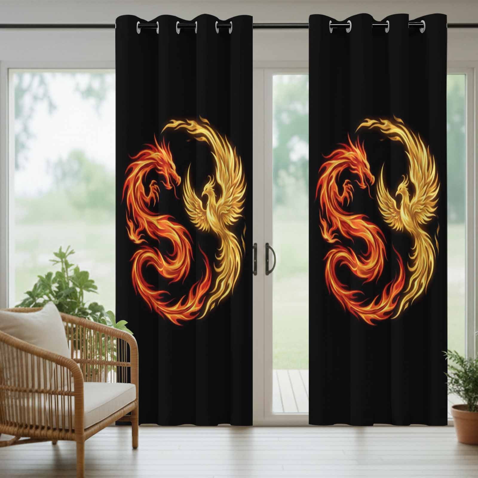 Dragon Phoenix Outdoor Curtains for Patio, Modern Mythical Mysterious Gold Red Symbolic Black Sunshade Privacy Drapes Grommet Waterproof Outside Curtains for Porch/Cabana/Balcony 54"x 108", 1 Panel