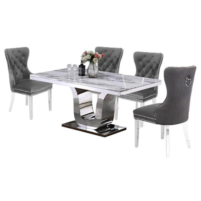 Ensemble de Salle à Manger Rectangulaire en Marbre Blanc 5 Pièces avec Base en Acier Inoxydable Argenté