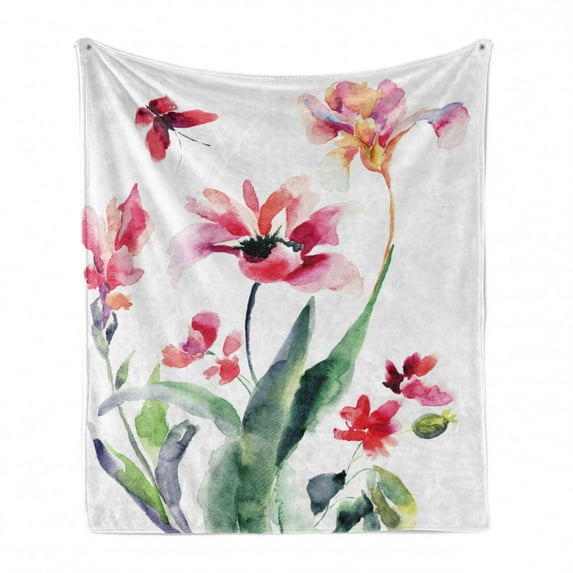 Floral Soft Flannel Fleece Blanket, Watercolor Pastel Toned Flourish Blooms Botanical Beauty Boho Harvest Nature Picture, Cozy Plush for Indoor and Outdoor Use, 70" x 90", Multicolor, by Ambesonne