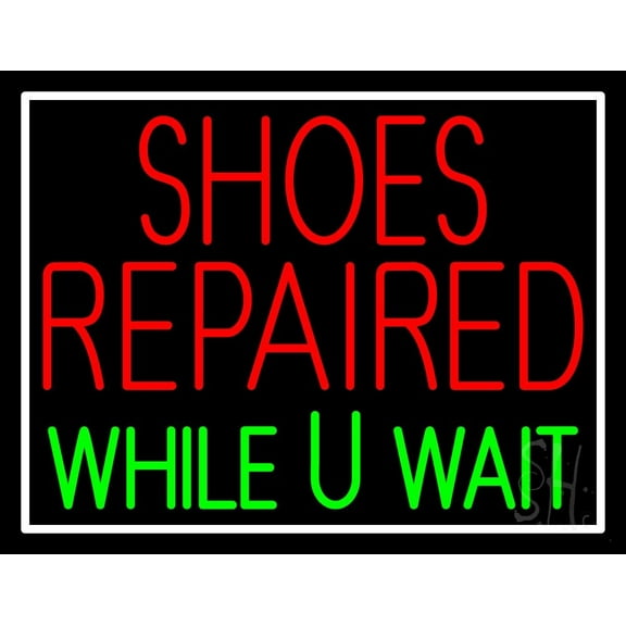 Red Shoes Repaired Green While You Wait LED Neon Sign 24 x 31 - inches, Black Square Cut Acrylic Backing, with Dimmer - Bright and Premium built indoor LED Neon Sign for store Décor, Storefront.