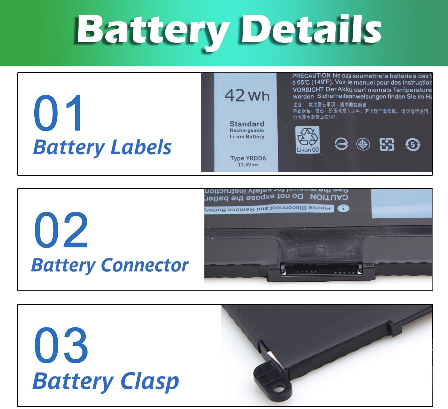 42Wh Replacement battery for Dell Inspiron 14 5481 5482 5485 5491 2-in-1 3-Cell 42Wh Laptop Battery YRDD6 42Wh Replacement battery for Dell Inspiron 14 5481 5482 5485 5491 2-in-1 3-Cell 42Wh Laptop Battery YRDD6