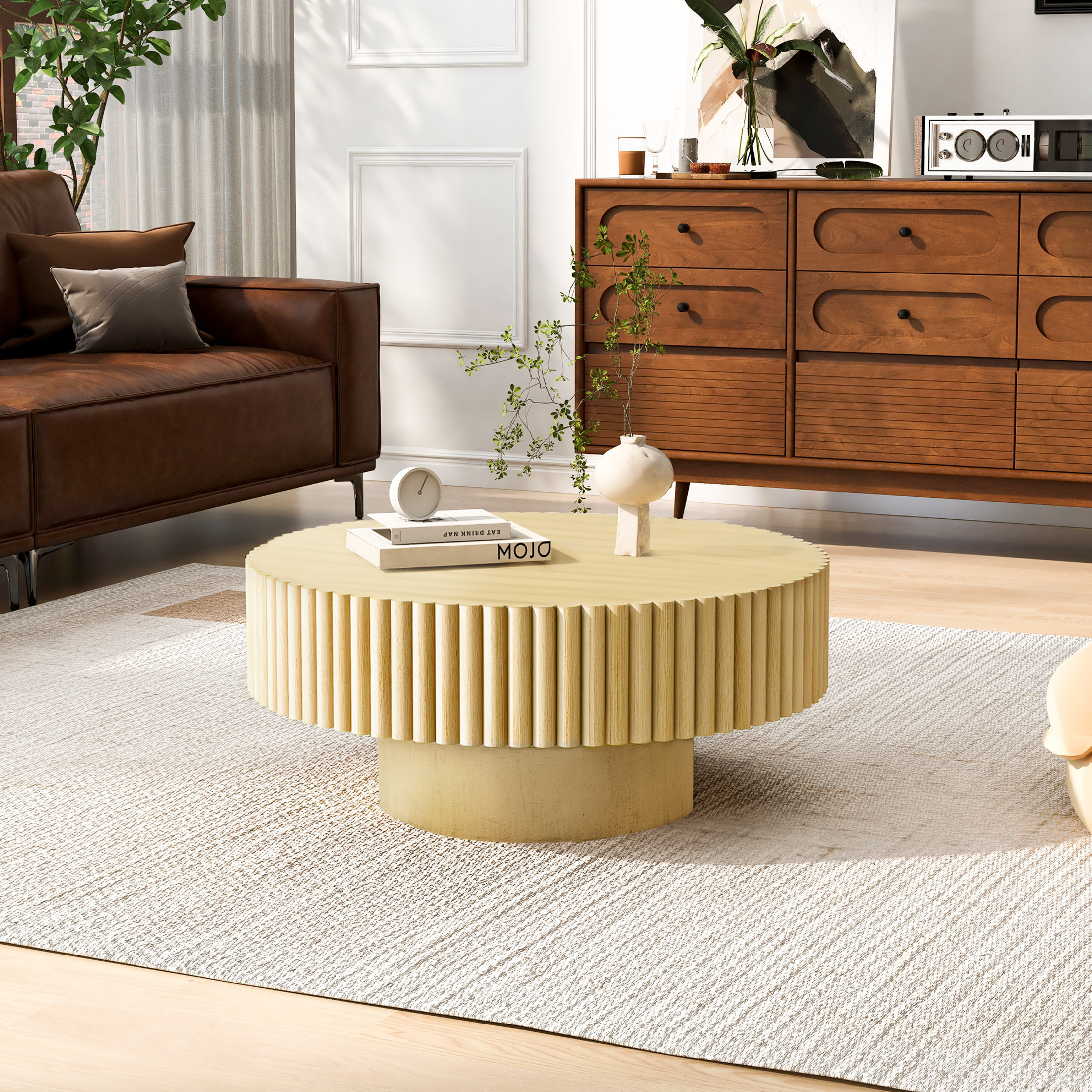 Noble House 31.5" Round Fluted Drum Coffee Table, Solid Wood Modern Center Table for Living Room, Natural