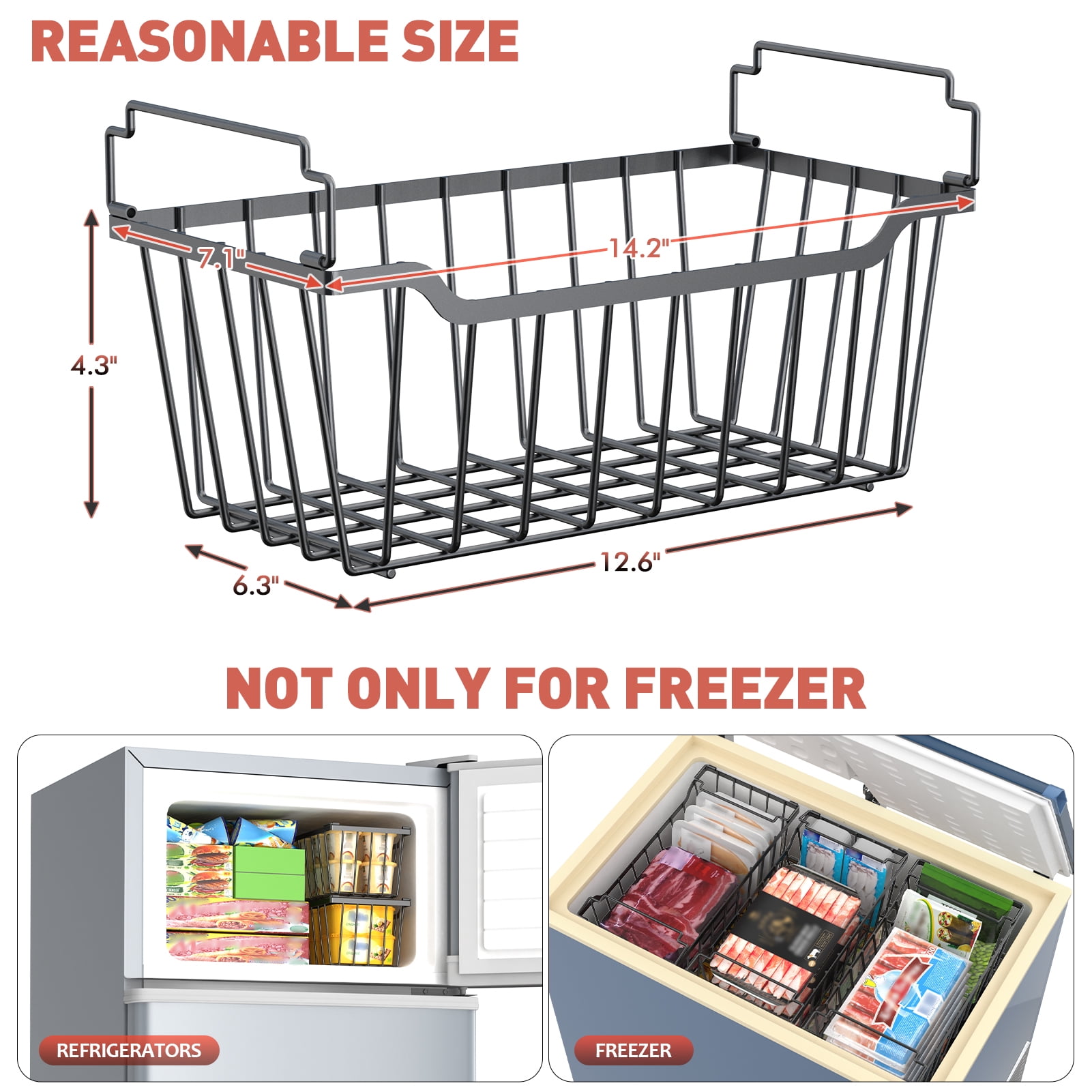 SUNALLY Freezer Organizer Bins 4 Pack, Stackable Freezer Baskets with Foldable Handle for 3.5-7 Cu.FT Deep Chest Freezer Organization, Coated Metal Storage Bins Black