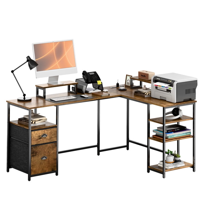 Homall 65.4" L-Shaped Desk with Power Outlets & USB, Corner Desk with 2 Drawers and 2 Monitor Stand, Brown