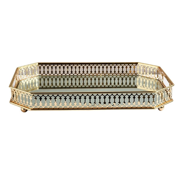 Organizador de maquillaje vintage con espejo, bandeja de tocador, adorno decorativo para perfume. dorado