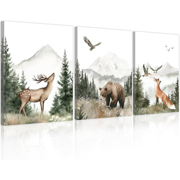 Nursery Wall Hieng Wild Woodland Animals Wall Decor Deer Bear Fox Watercolor Pictures Paintings Prints Adventure Theme Canvas Posters for Boys Bedroom Girls Living Roomes Framed