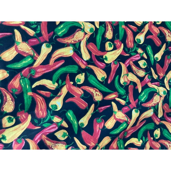 Lilly Craft Multi-color Peppers on Black Polycotton Fabric is 58-60" wide and Sold by the Yard