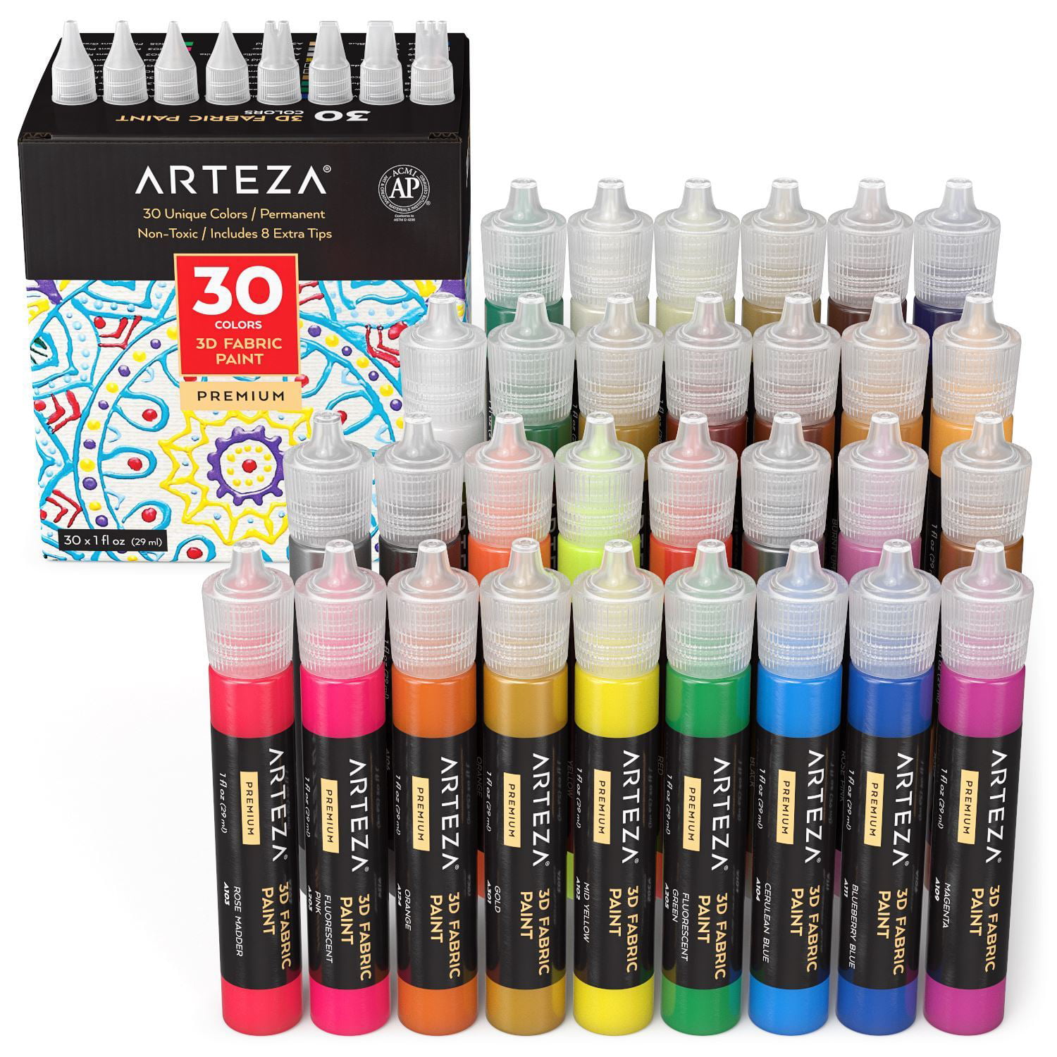 ARTEZA 3D Fabric Paint, Metallic, Glitter & Glow Colors, 30ml, Set of ...