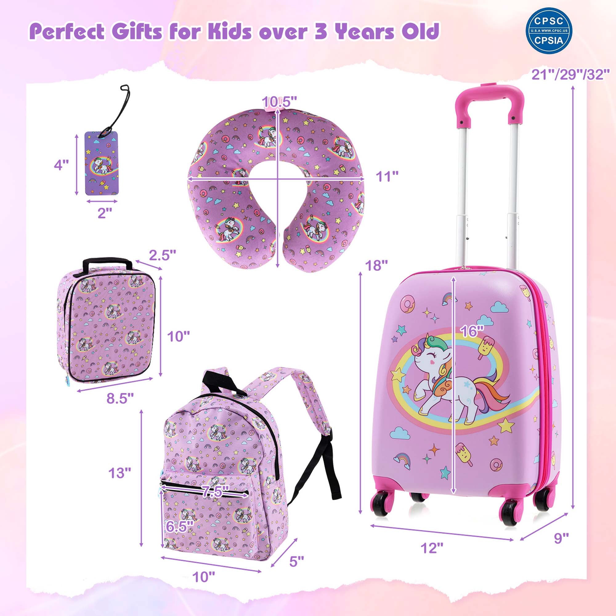 Costway 5 PCS Kids Luggage Set with Backpack Neck Pillow Luggage Tag Lunch Bag Wheels Pink