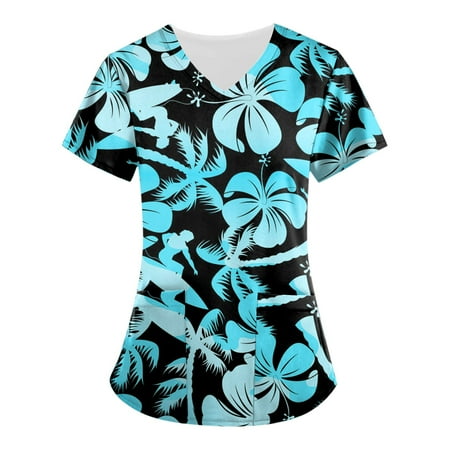 

Sksloeg Scrubs For Women Women s Tops Cute Flower Printed Workwear V-Neck Workwear Nurse T-Shirts With Pockets Shirts Nursing Working Uniform Sky Blue M