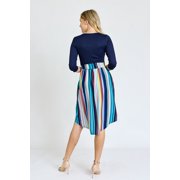 Vivid 3/4 Sleeve Multi Color Stripe Sash Midi Dress | S-3X