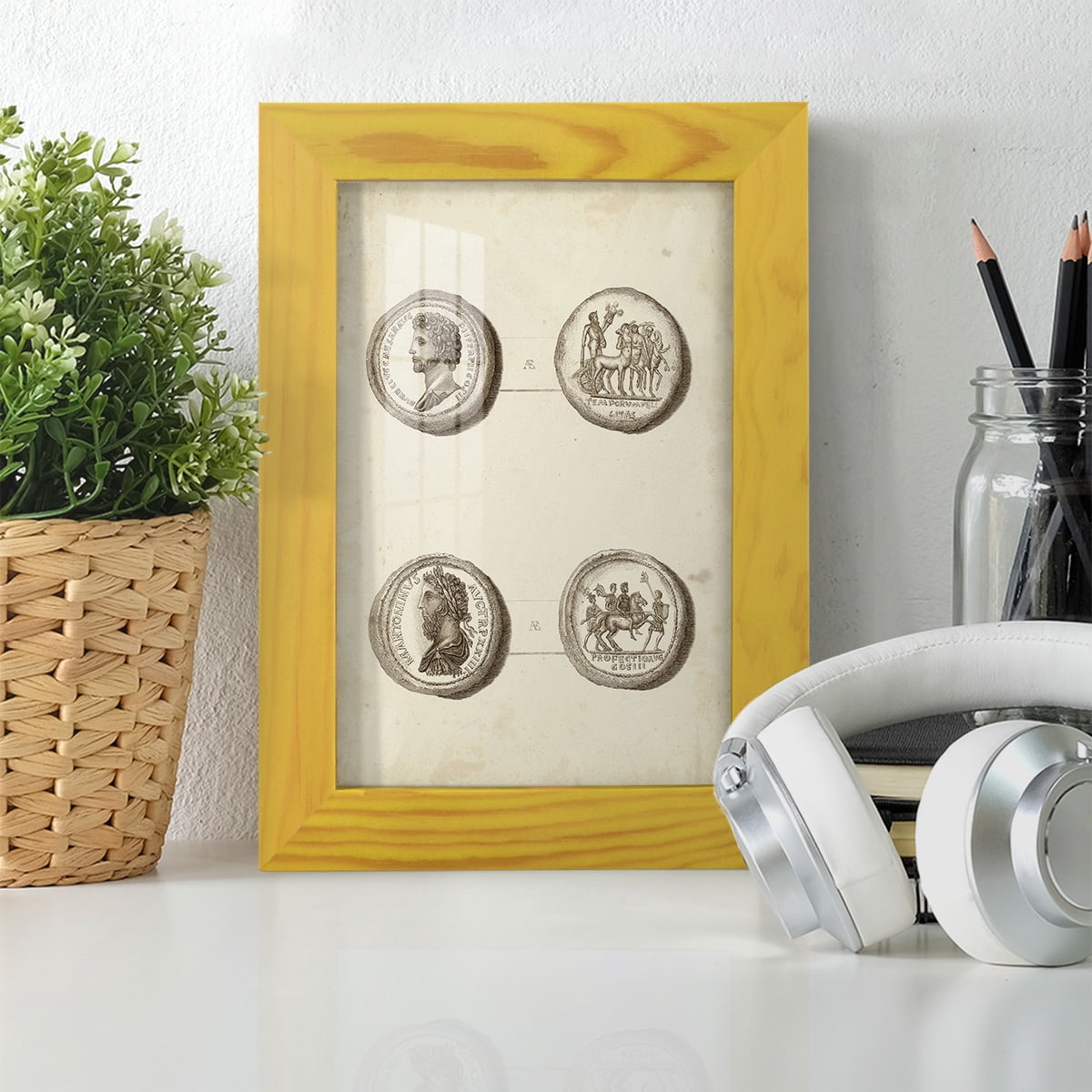 Antique Roman Coins VI -Framed Print w/glass-Sunflower Yellow