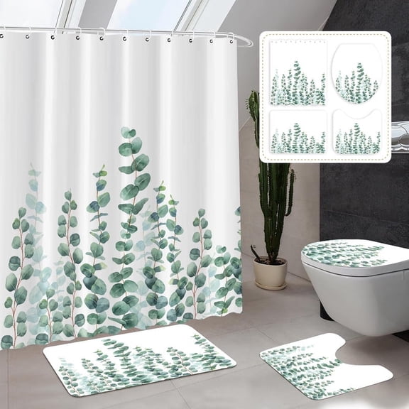 Inhousolu 4 Pcs Shower Curtain Set with Non-Slip Rugs, Toilet Lid Cover and Bath Mat, Waterproof Bathroom Decor Set Accessories, Shower Curtains with 12 Hooks (Eucalyptus Green Leaves)
