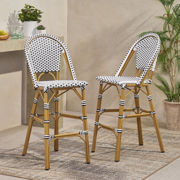 Outdoor French Style Bar Stool Set of 2 29.5 Inch, PE Rattan Frame Height Seats for Patio Bar, White and Black