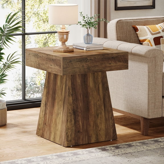 Finmind Small Square End Table, Rustic Farmhouse Side Table with Wide Base, Nightstand Beside Bed or Armchair for Living Room, Brown