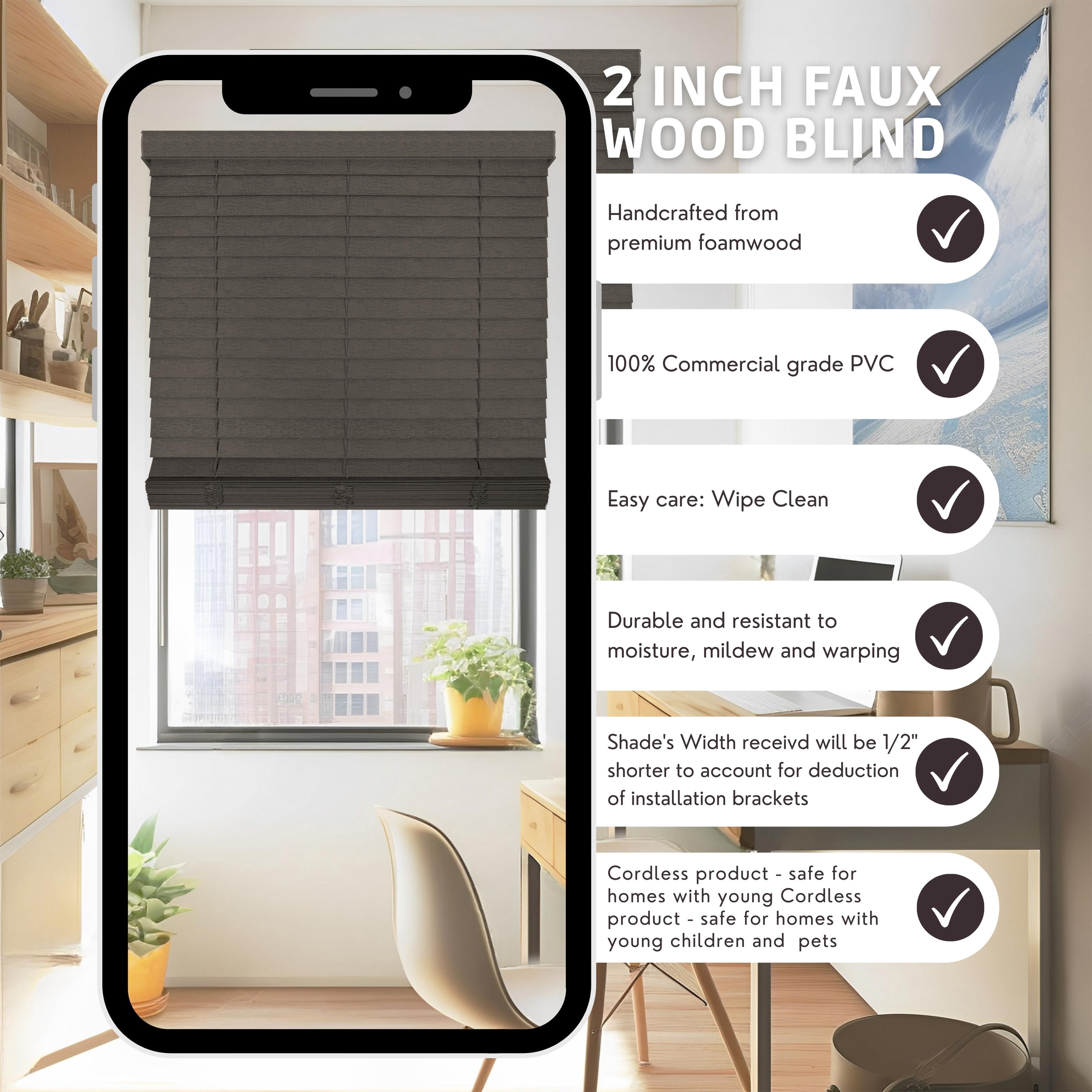 Chicology Cordless Faux Wood Blinds, Brown Textured (2" Slat), 26.5"W X 72"H
