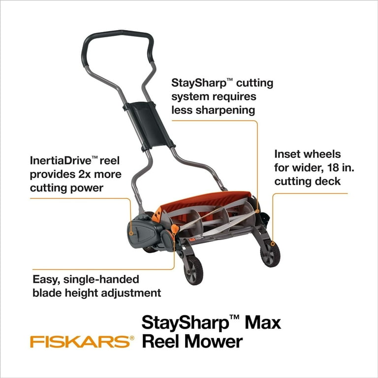 Fiskars Reel Lawn Mower 18-inch 5-Blade Push Mower with InertiaDrive for  More Cutting Power