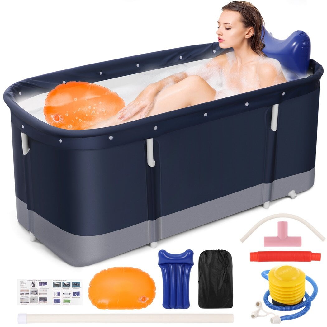 Foldable Bathtub, Portable Bathtub for Adults, Bathtub with Bath Pillow and Seat, 6-Layer Design, Easy to Store, 2-Way Draining, 21.7 Inch Width, for Ice Hot Bath