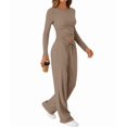 thumbnail image 3 of Women'S 2 Piece Matching Lounge Set Long Sleeve Slightly Crop Top Wide Leg Pants Casual Sweatsuit Khaki S, 3 of 9