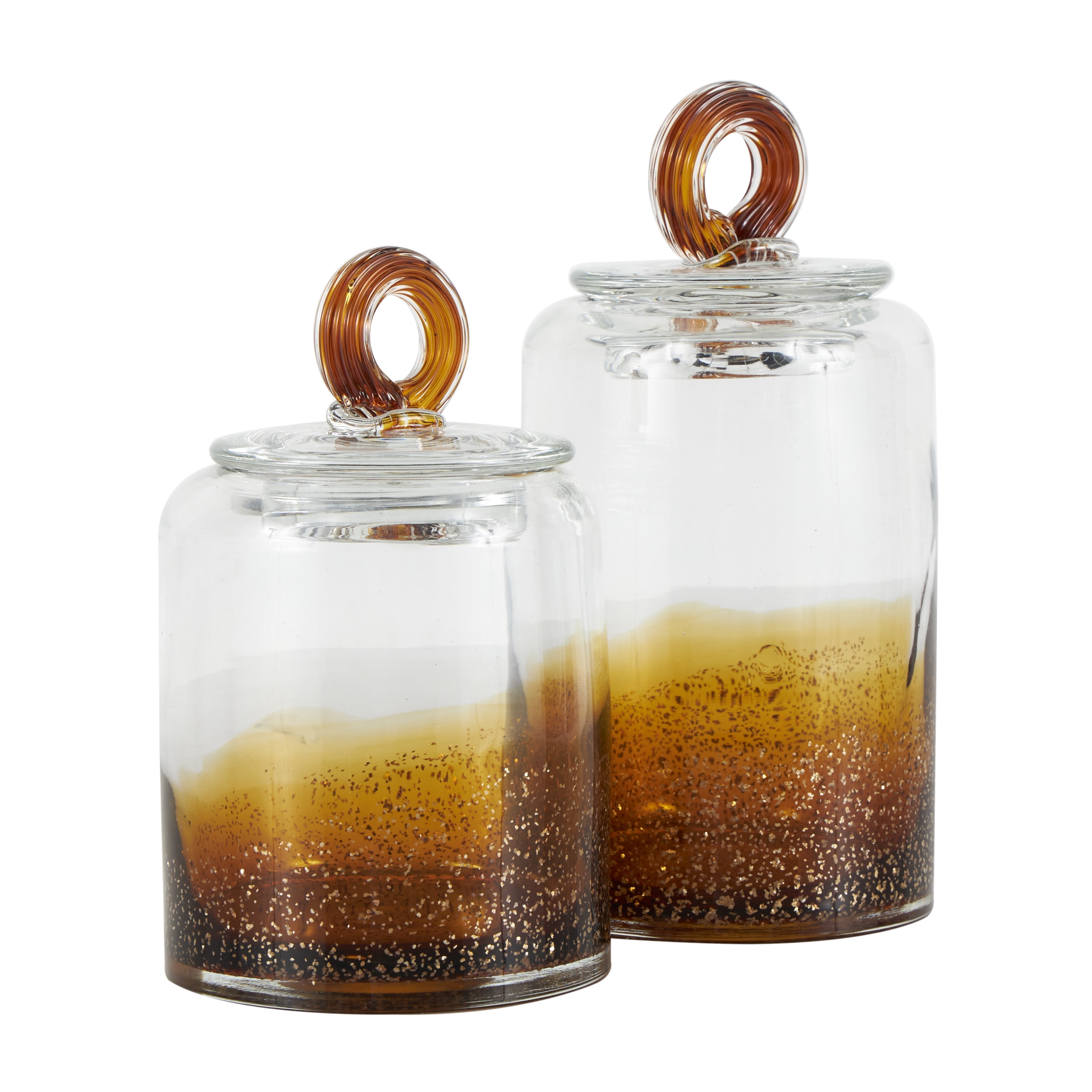 DecMode 9", 8"H Brown Glass Handmade Decorative Jars with Gold Flake Details and Ring Lids, 2-Pieces