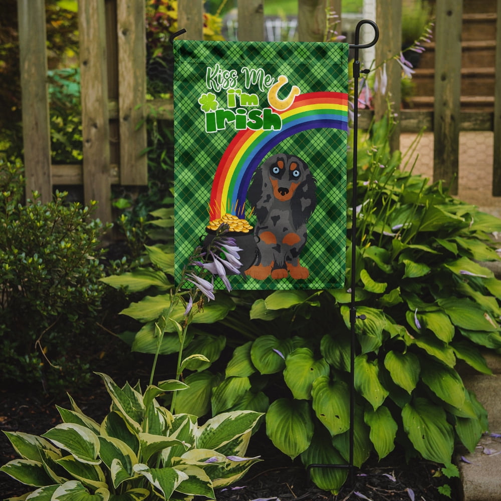 Longhair Blue and Tan Dapple Dachshund St. Patrick's Day Flag Garden Size 11.25 in x 15.5 in