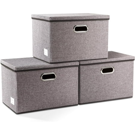 PRANDOM Large Collapsible Storage Bins with Lids [3-Pack] Linen Fabric Foldable Storage Boxes Organizer Containers Baskets Cube with Cover for Home Bedroom Closet Office Nursery (17.7x11.8x11.8)
