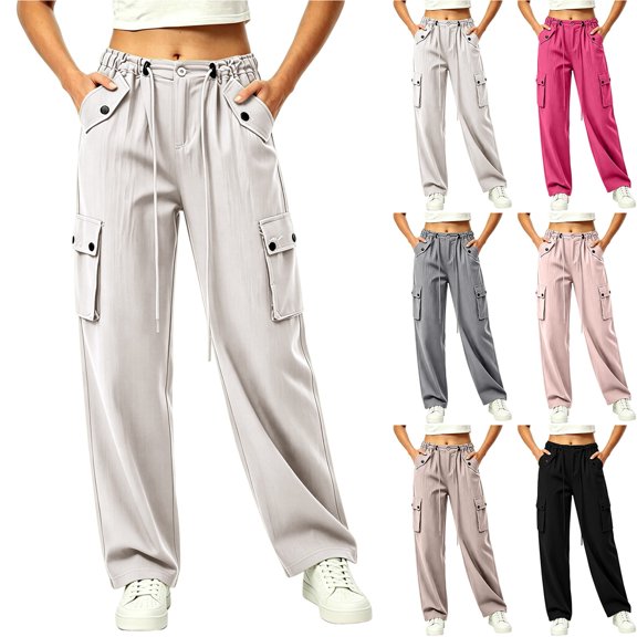 Smsaxvxz Quick Dry Cargo Pants for Women Casual Drawstring Elastic Waisted Trousers with Multi Pockets Beige S