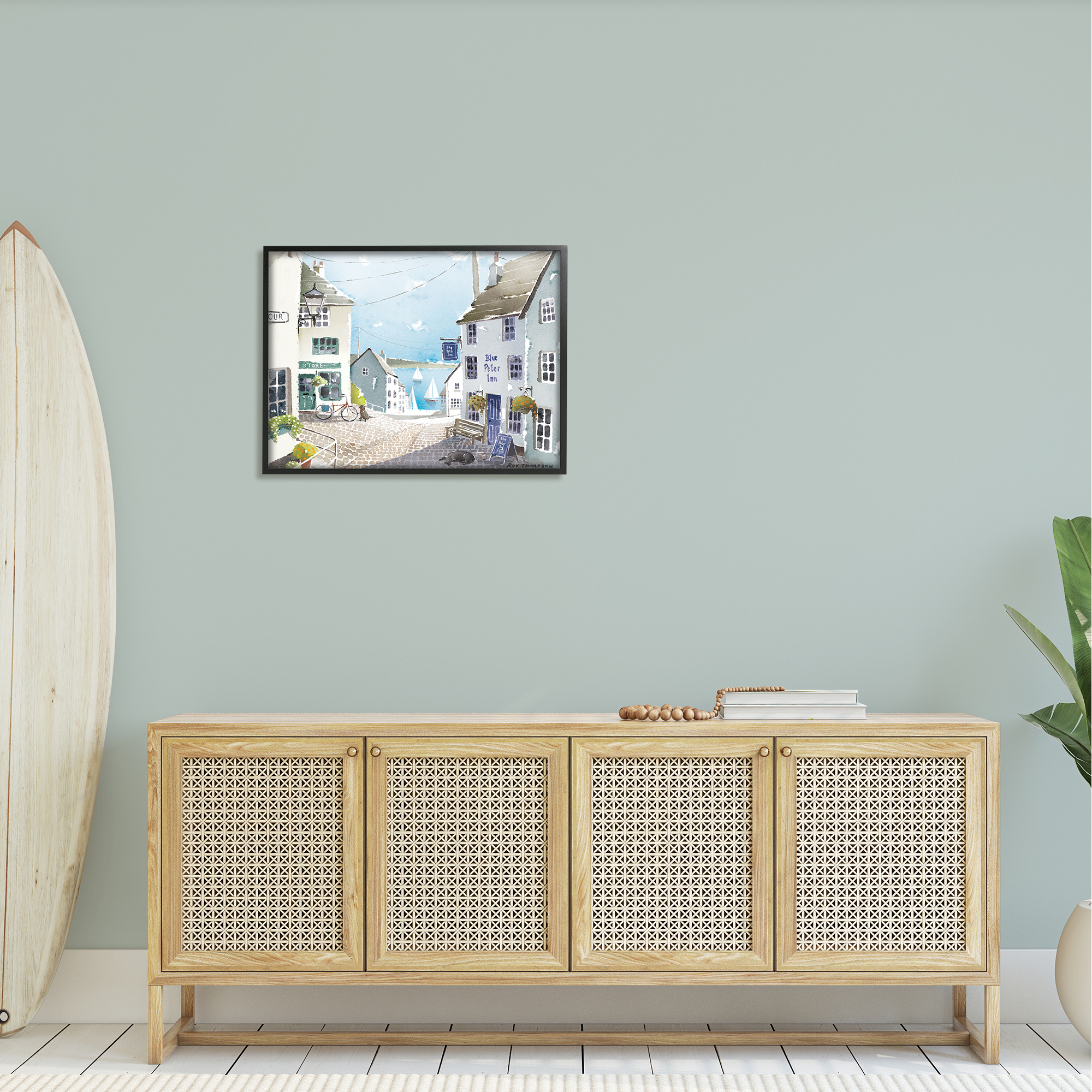 Stupell Coastal Town Seaport Sailboats Landscape Painting Black Framed Art Print Wall Art