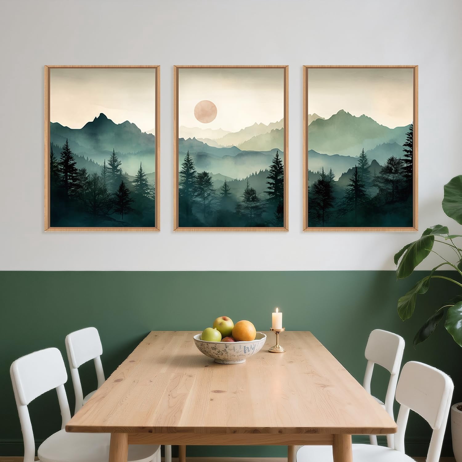 Large Boho Mountain Framed Wall Art Set,Watercolor Pine Tree Wall Painting,Abstract Foggy Green Forest Artwork,Modern Nature Sunrise Wall Decor for Living Room,Bedroom,Office-16 x24 x3