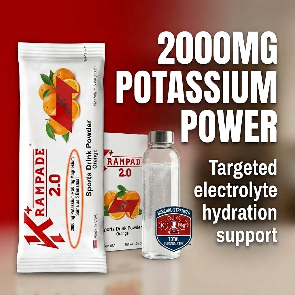 Krampade High Potassium Electrolytes Powder Orange Flavor Cramp Relief 20 Count 1.3 Oz