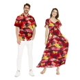 thumbnail image 1 of Couple Matching Hawaiian Luau Aloha Shirt Maxi Ruffle Sleeve Dress in Sunset Red M, 1 of 4