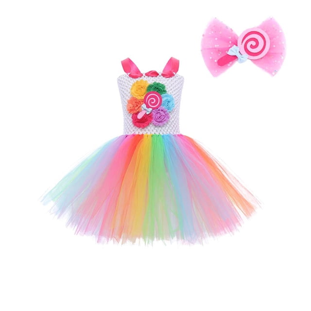 Vestido de niña Lollipop con falda de princesa de malla arcoíris, vestido de fiesta de cumpleaños para niños