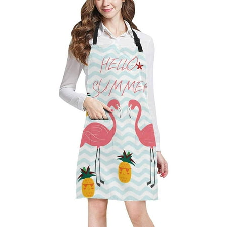 

ASHLEIGH Hello Summer Flamingo Pineapple in Blue Stripes Ocean Waves Adjustable Bib Apron Pockets Commercial Restaurant Home Kitchen Apron Women Men