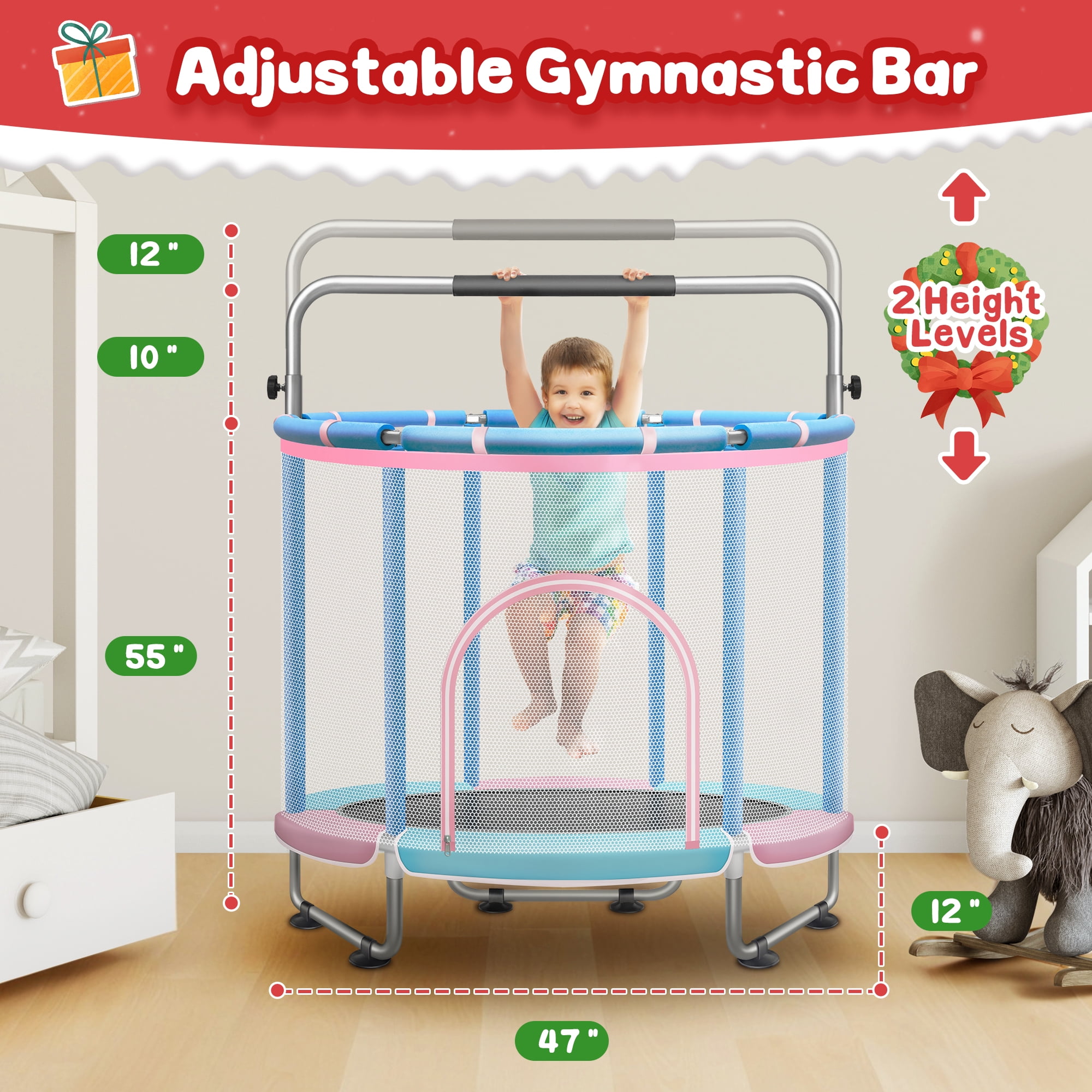 SERAY 55-65" Kids Trampoline with Safety Enclosure & Mini Balls, Indoor/Outdoor Fun for Toddlers, Durable, Quiet, and Safe Bouncing Toy for Boys and Girls
