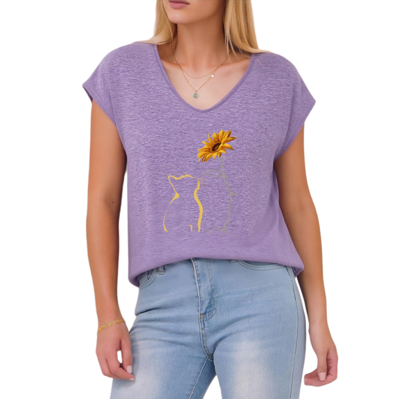 Giffimy Women's Cute Cat & Sunflower V-Neck Sleeveless T-Shirt S-5XL Soft Casual Tank Top