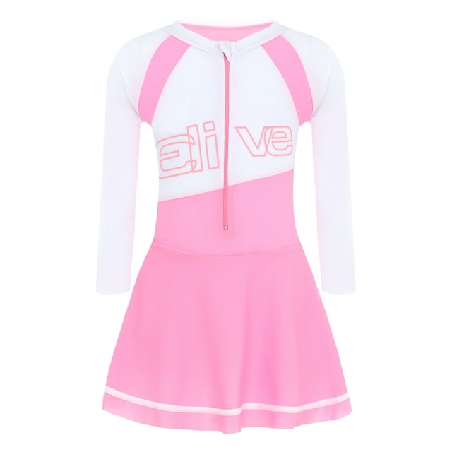 Manyakai Girls Rash Guard Swimsuits Long Sleeves Bathing Suit One Piece Swim Dress Summer Surfing Beach Wear Pink 4XL