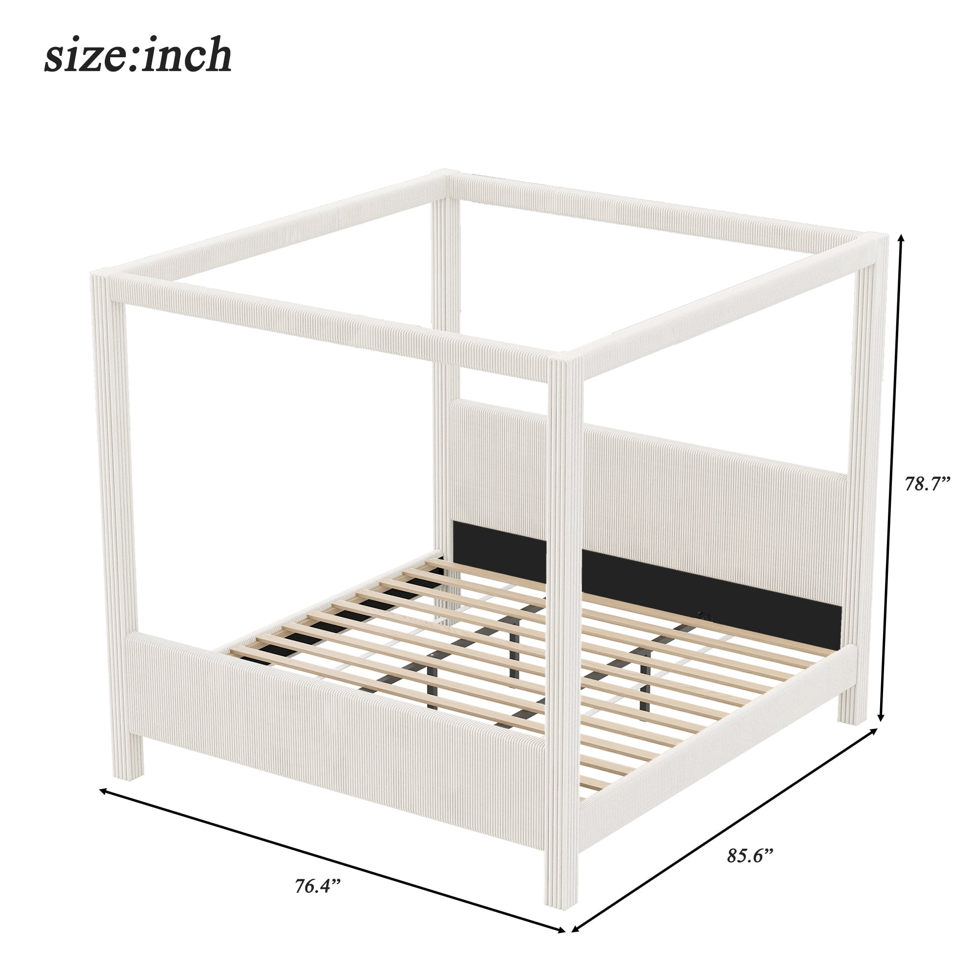 Euroco Upholstery King Size Canopy Platform Bed, No Box Spring Needed, Beige