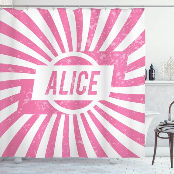 Alice Shower Curtain, Grunge Looking Design for Girls Lettering in Pink Color on Radial Background, Fabric Bathroom Set with Hooks, 69W X 75L Inches Long, Pale Pink and White, by Ambesonne